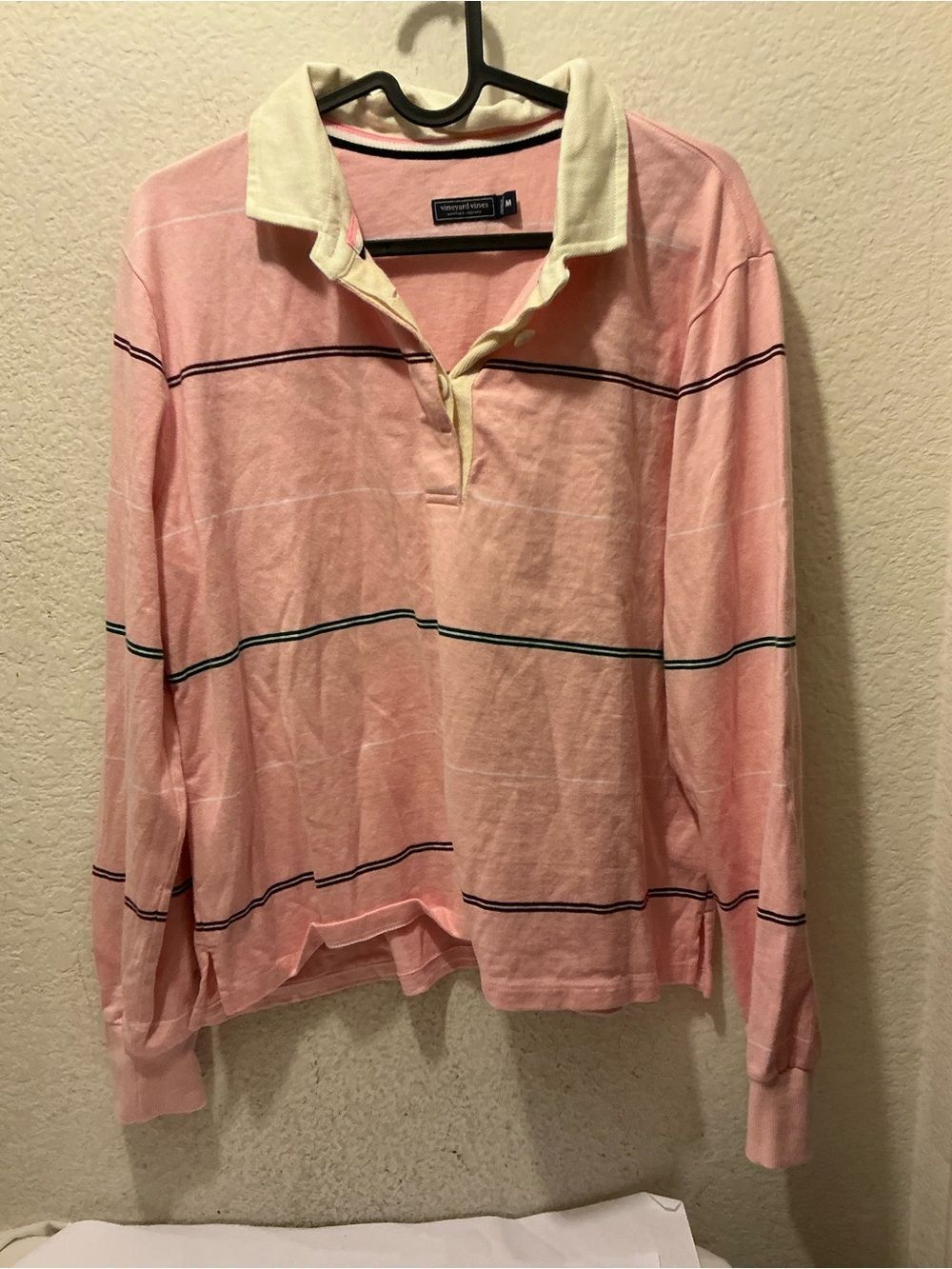 Vineyard Vines Pink Long-Sleeve Rugby Polo with Cream Collar